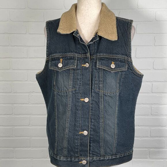 Old‎ Navy Vest Women L Blue Denim Sherpa Lined Classic Jean Moto Work Chore Y2K - Picture 1 of 7